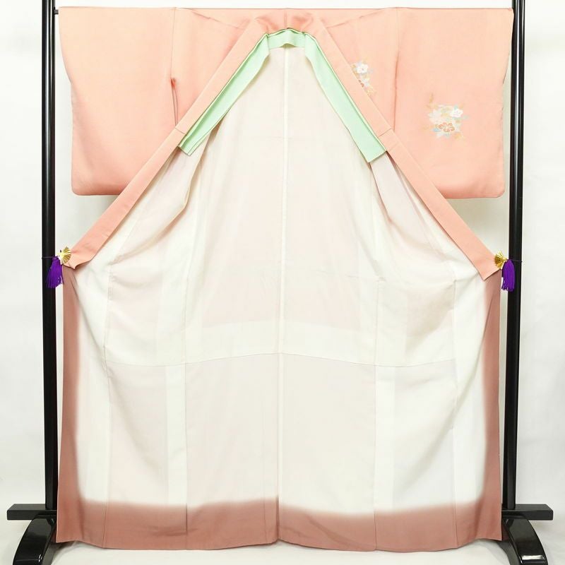 付け下げ 金駒刺繍 正絹 花柄 袷仕立て 身丈166.5cm 裄丈68cm 箔 金彩 フォーマル 着物 ピンク_画像3