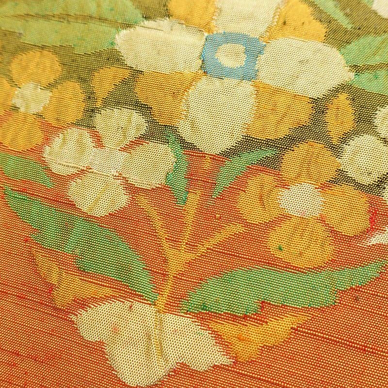 名古屋帯 ふくれ織 六通柄 良品 正絹 花柄 名古屋仕立て 帯 橙_画像3