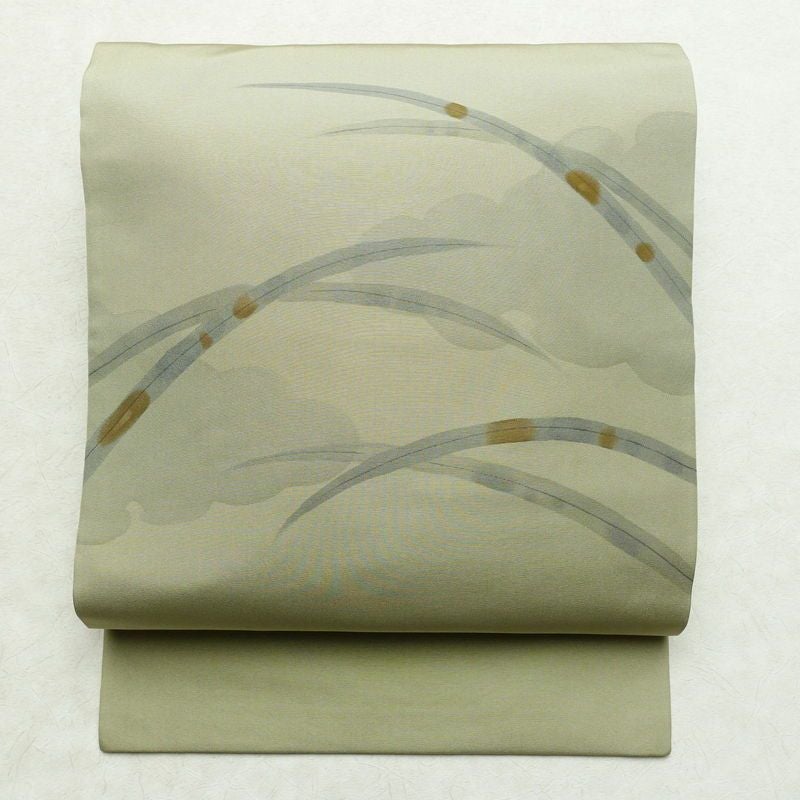 名古屋帯 太鼓柄 良品 正絹 古典柄 名古屋仕立て 帯 くすみグリーン 緑・うぐいす色_画像1