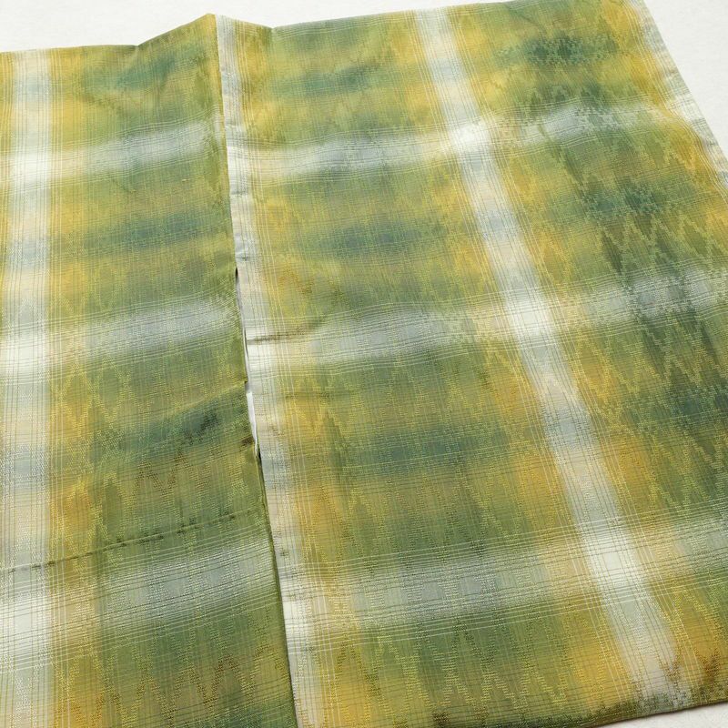 紬 正絹 縞柄・線柄 袷仕立て 身丈154cm 裄丈63cm 着物 緑・うぐいす色_画像12