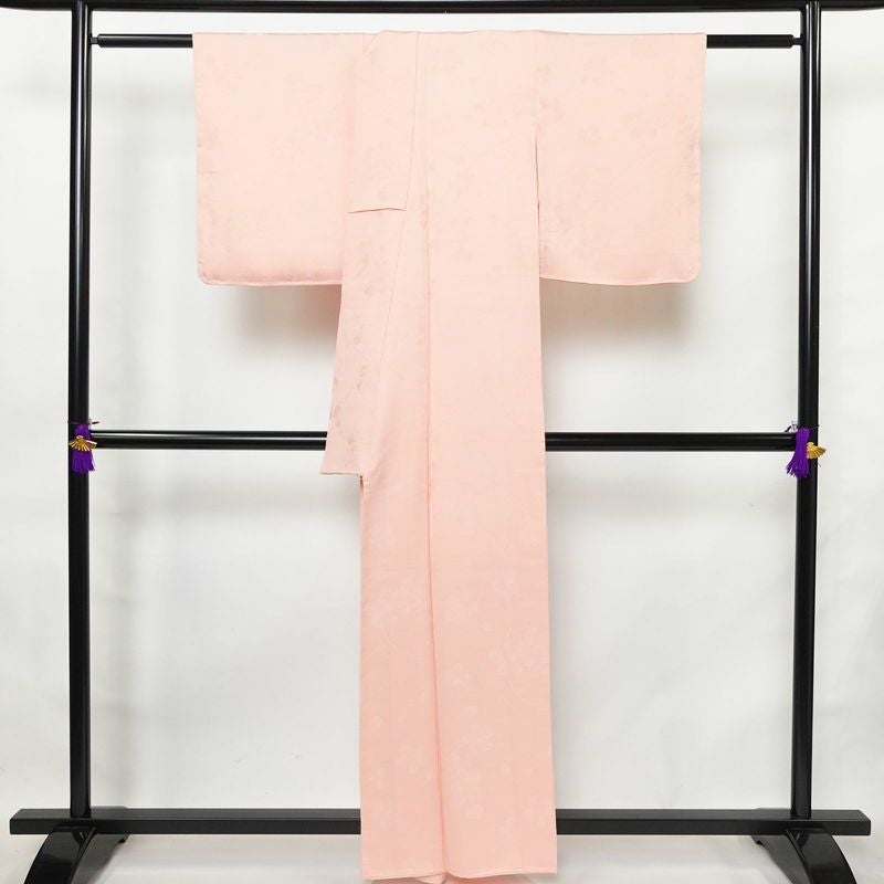 色無地 寿光織 良品 しつけ糸付き 正絹 木の葉・植物柄 袷仕立て 身丈158.5cm 裄丈63.5cm 着物 ピンク_画像2