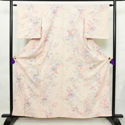 小紋 美品 しつけ糸付き 縮緬 正絹 花柄 袷仕立て 身丈159.5cm 裄丈 