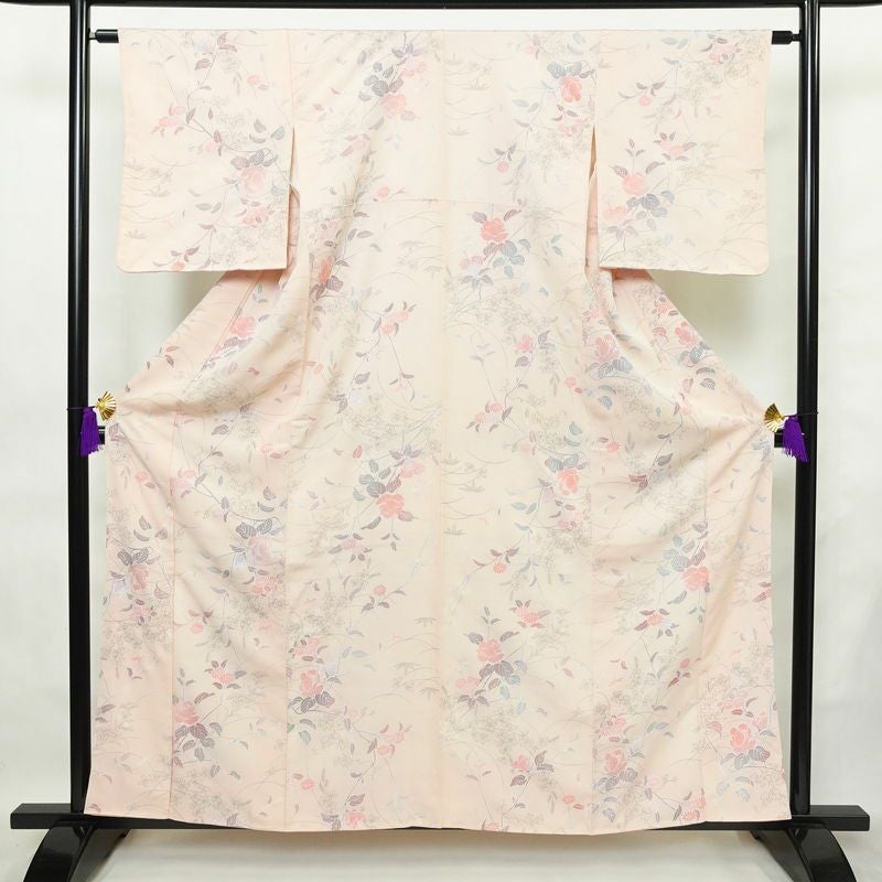 小紋 美品 しつけ糸付き 縮緬 正絹 花柄 袷仕立て 身丈159.5cm 裄丈63cm 着物 ピンク_画像1