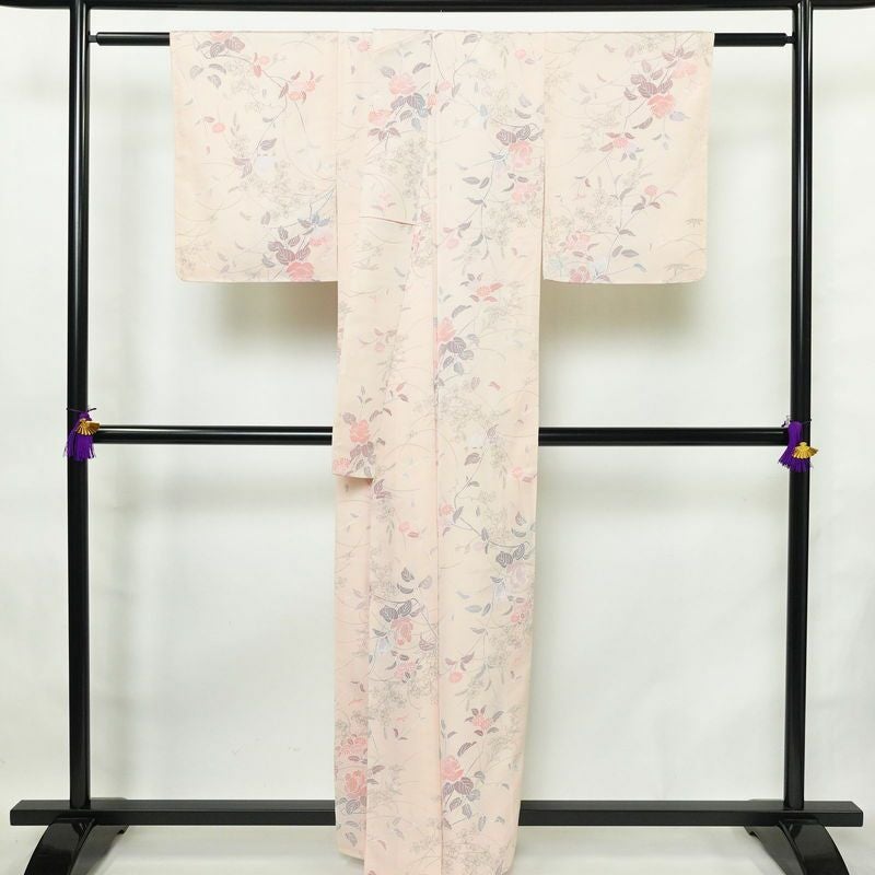 小紋 美品 しつけ糸付き 縮緬 正絹 花柄 袷仕立て 身丈159.5cm 裄丈63cm 着物 ピンク_画像2