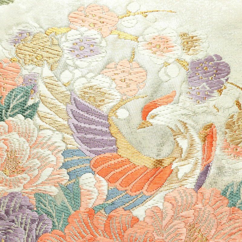 名古屋帯 太鼓柄 正絹 花柄 名古屋仕立て 箔 帯 クリーム_画像5