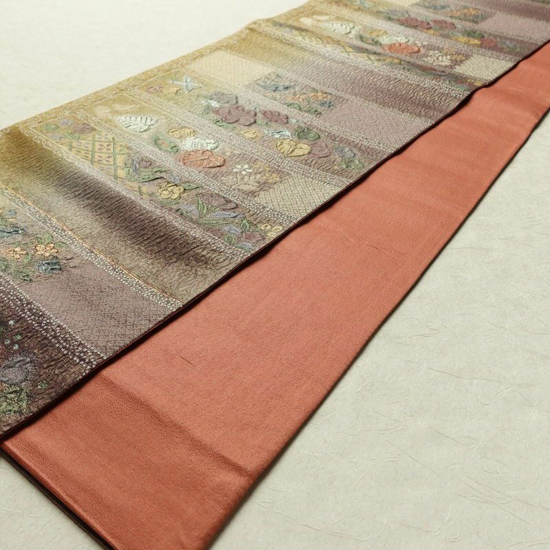 袋帯 纈幡織 辻が花 六通柄 良品 フォーマル用 正絹 木の葉・植物柄 箔 帯 多色使い_画像9