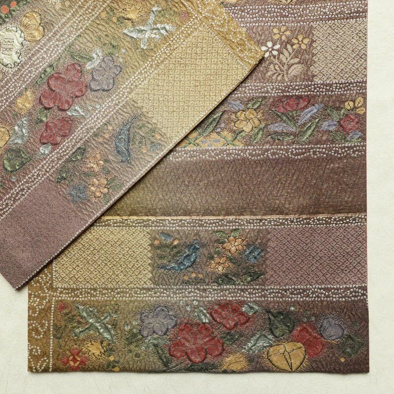 袋帯 纈幡織 辻が花 六通柄 良品 フォーマル用 正絹 木の葉・植物柄 箔 帯 多色使い_画像13