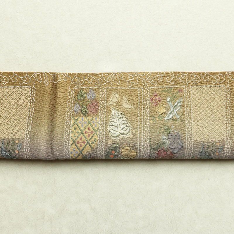 袋帯 纈幡織 辻が花 六通柄 良品 フォーマル用 正絹 木の葉・植物柄 箔 帯 多色使い_画像14
