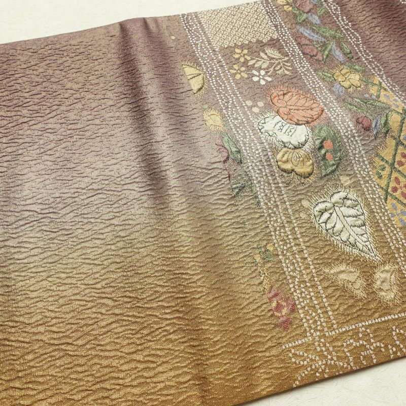 袋帯 纈幡織 辻が花 六通柄 良品 フォーマル用 正絹 木の葉・植物柄 箔 帯 多色使い_画像16