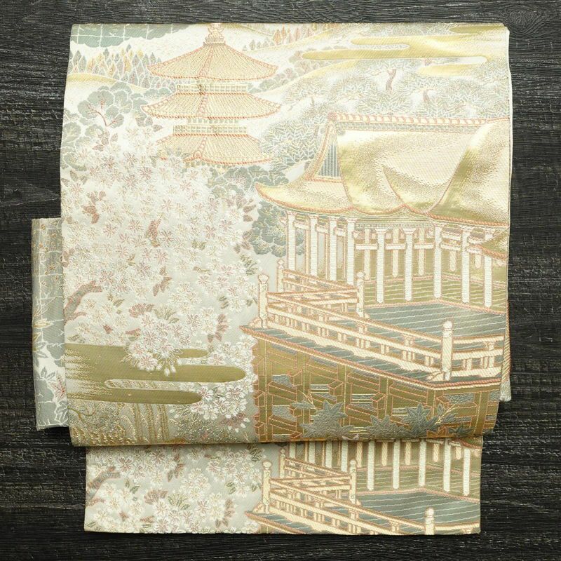 袋帯 本金二重箔 扇面花鳥 文六通柄 良品 フォーマル用 正絹 古典柄 箔