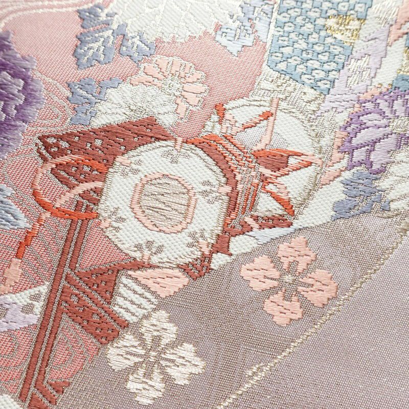 名古屋帯 太鼓柄 良品 正絹 古典柄 名古屋仕立て 箔 つづみ 菊 金糸 紫・藤色_画像3