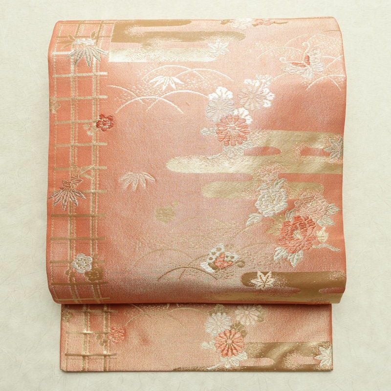 名古屋帯 六通柄 正絹 古典柄 名古屋仕立て 箔 帯 ピンク_画像1