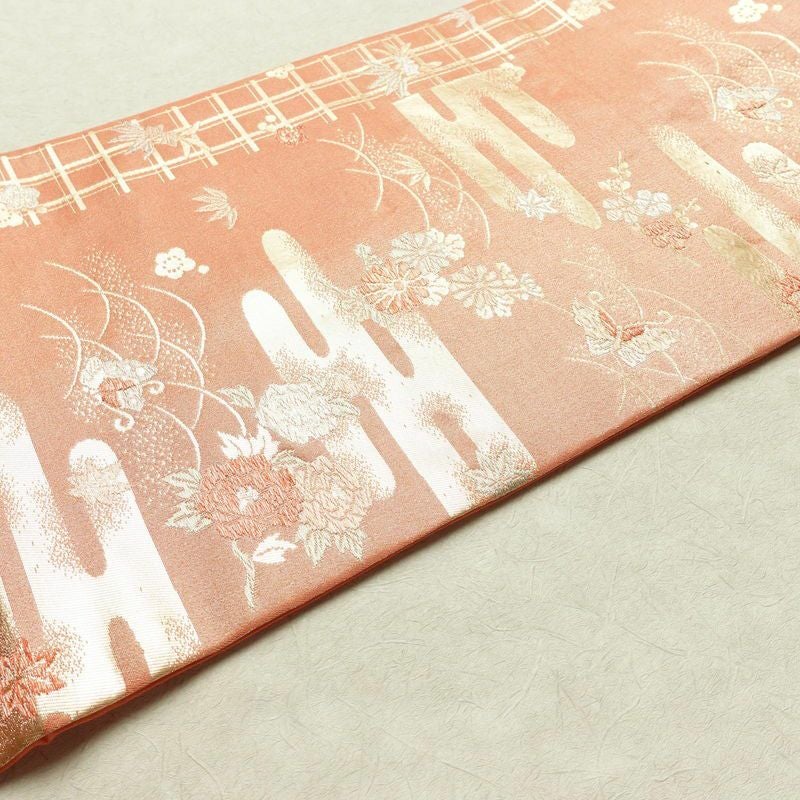 名古屋帯 六通柄 正絹 古典柄 名古屋仕立て 箔 帯 ピンク_画像11