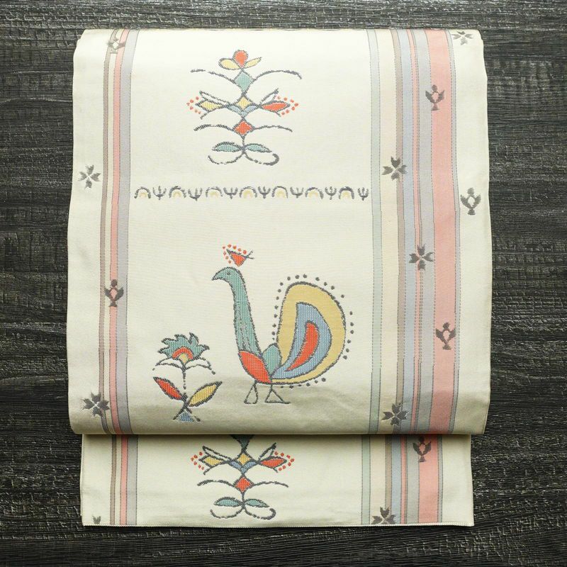 袋帯 六通柄 一般用 正絹 人物・動物柄 帯 クリーム_画像1