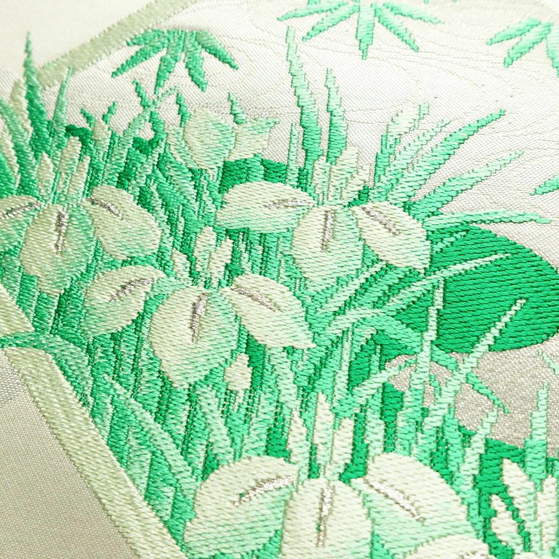 名古屋帯 太鼓柄 良品 しつけ糸付き 正絹 古典柄 名古屋仕立て 銀糸 帯 緑・うぐいす色_画像6