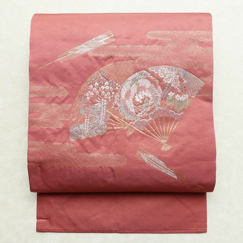 名古屋帯 太鼓柄 良品 ポリエステル 古典柄 名古屋仕立て 金糸 帯 扇子 ピンク_画像1