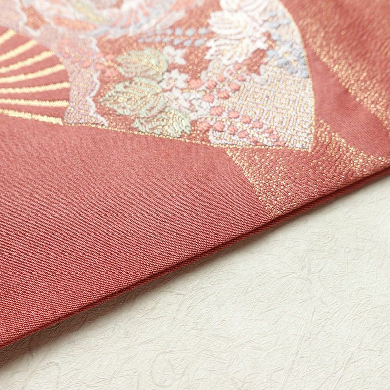 名古屋帯 太鼓柄 良品 ポリエステル 古典柄 名古屋仕立て 金糸 帯 扇子 ピンク_画像12
