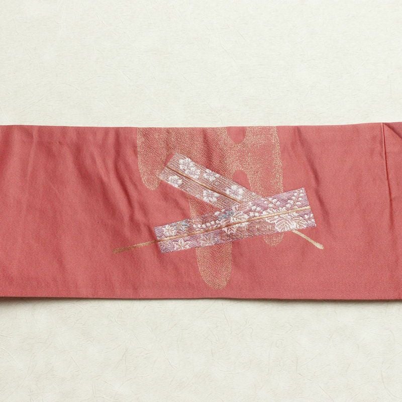 名古屋帯 太鼓柄 良品 ポリエステル 古典柄 名古屋仕立て 金糸 帯 扇子 ピンク_画像13
