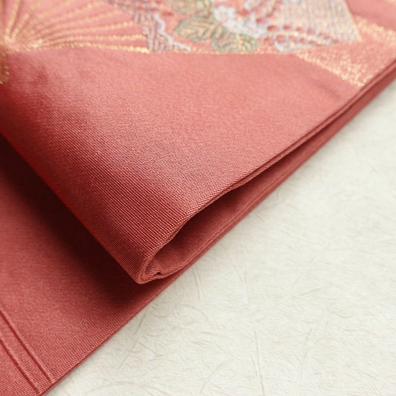 名古屋帯 太鼓柄 良品 ポリエステル 古典柄 名古屋仕立て 金糸 帯 扇子 ピンク_画像18