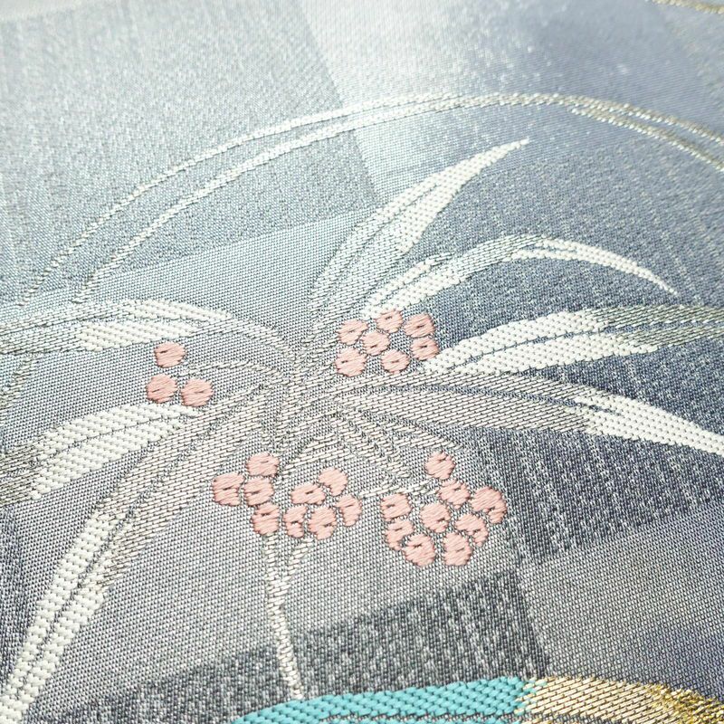 袋帯 六通柄 美品 フォーマル用 正絹 木の葉・植物柄 箔 金糸 銀糸 帯 紫・藤色_画像5