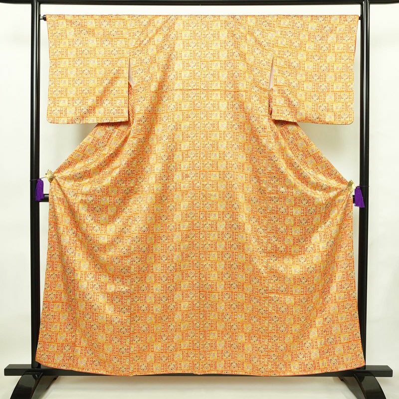 小紋 ポリエステル 幾何学柄・抽象柄 袷仕立て 身丈159cm 裄丈66.5cm 着物 橙_画像1
