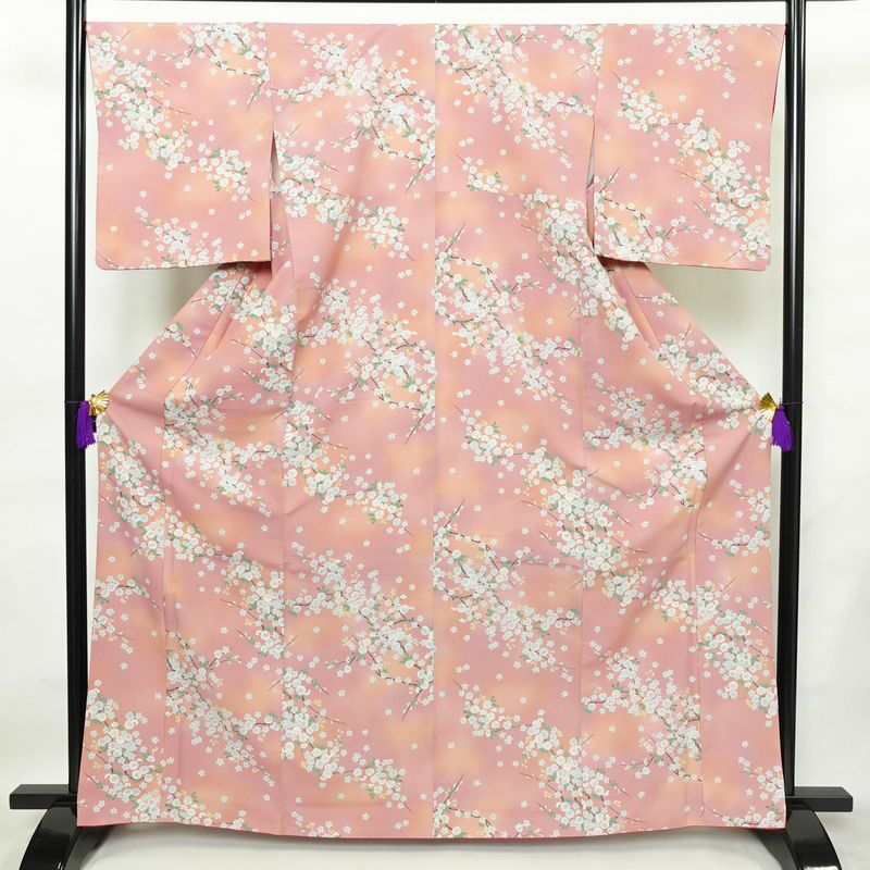 小紋 良品 ポリエステル 花柄 袷仕立て 身丈164.5cm 裄丈67.5cm 着物 ピンク_画像1