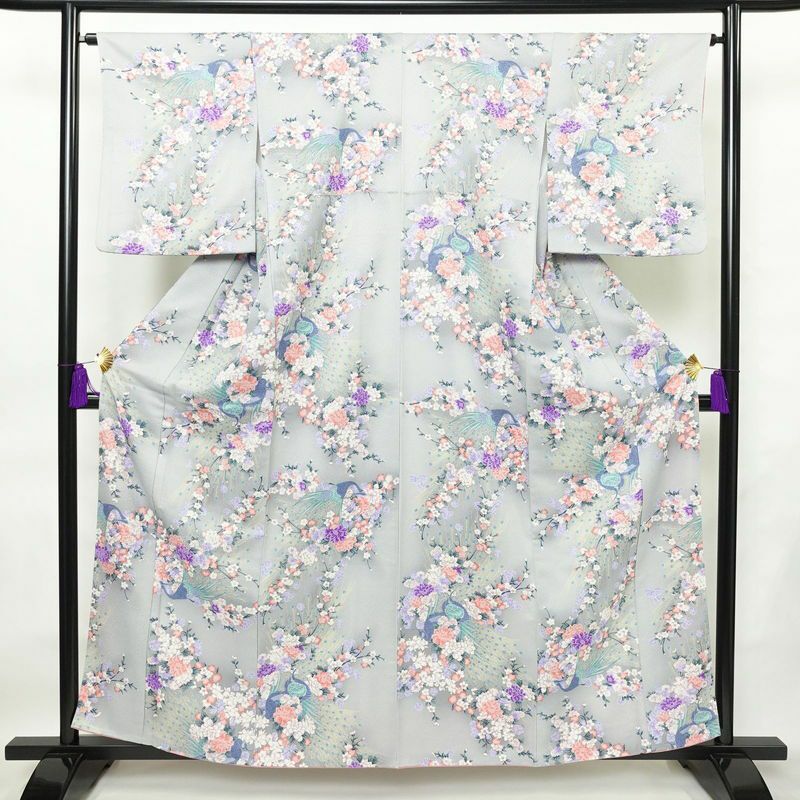 小紋 ポリエステル 花柄 袷仕立て 身丈159cm 裄丈65cm 着物 孔雀 グレー_画像1