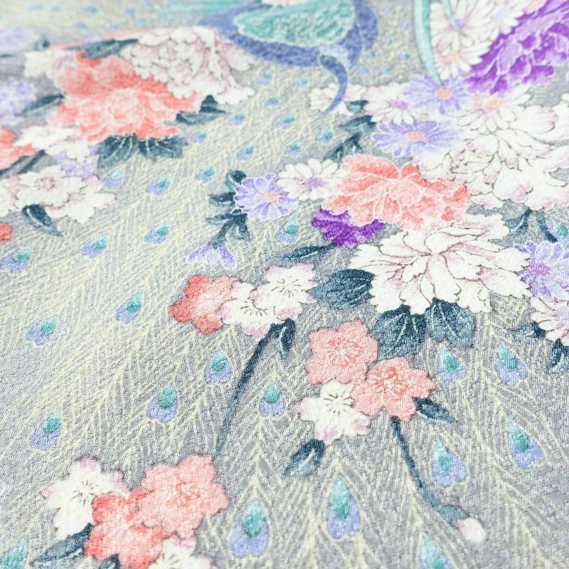 小紋 ポリエステル 花柄 袷仕立て 身丈159cm 裄丈65cm 着物 孔雀 グレー_画像8