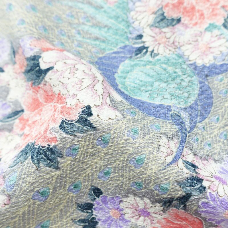 小紋 ポリエステル 花柄 袷仕立て 身丈159cm 裄丈65cm 着物 孔雀 グレー_画像21