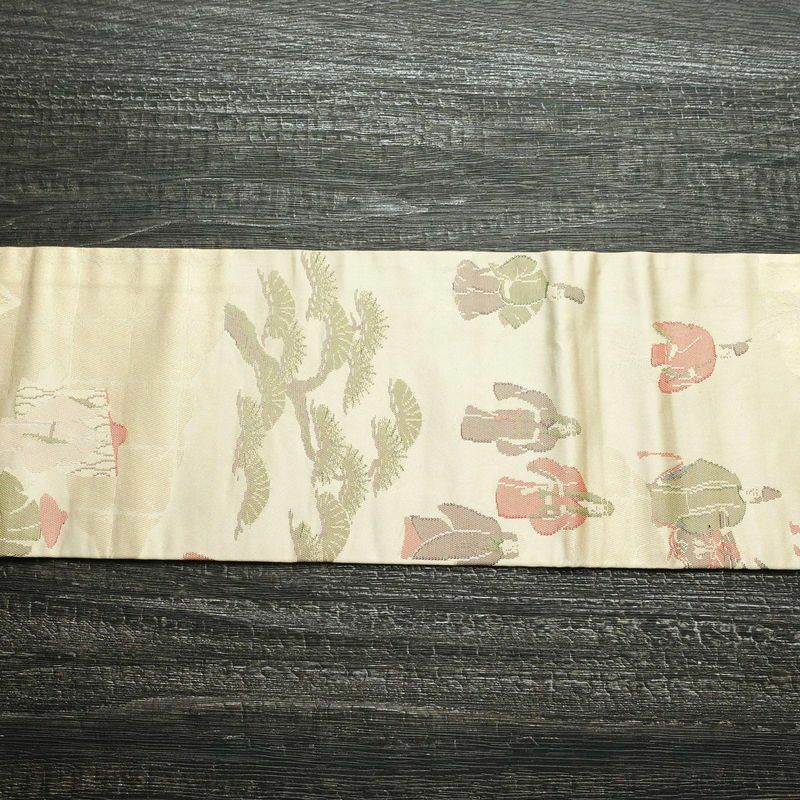 名古屋帯 六通柄 正絹 風景柄 名古屋仕立て 箔 帯 ベージュ_画像10