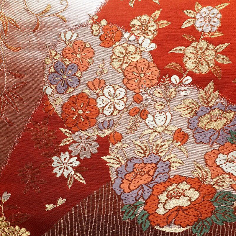 袋帯 六通柄 フォーマル用 正絹 木の葉・植物柄 箔 金糸 帯 赤・朱_画像2