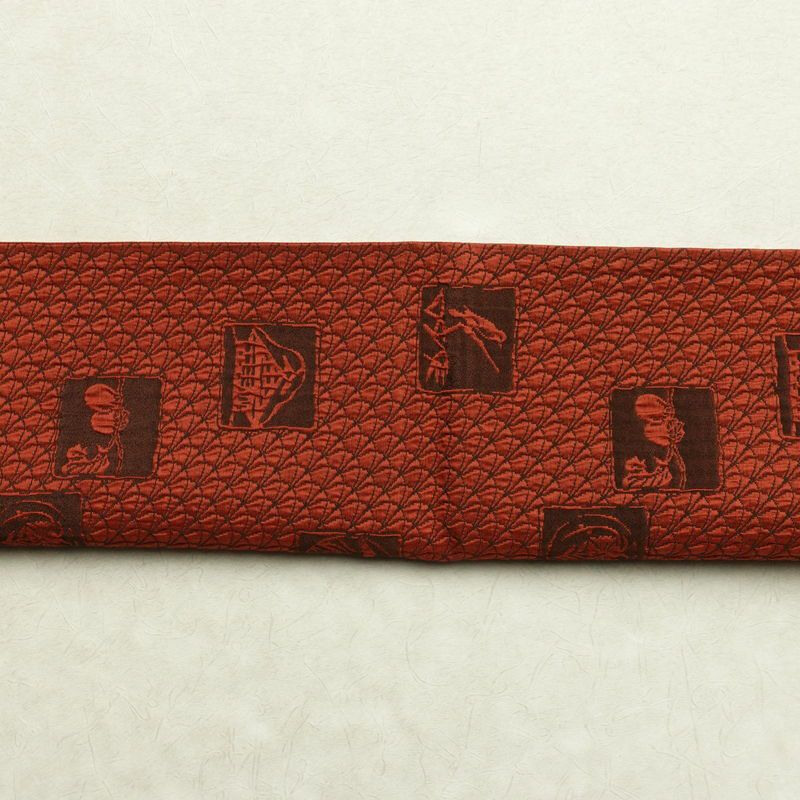 袋帯 全通柄 美品 ふくれ織 一般用 正絹 その他の柄 帯 赤・朱_画像15