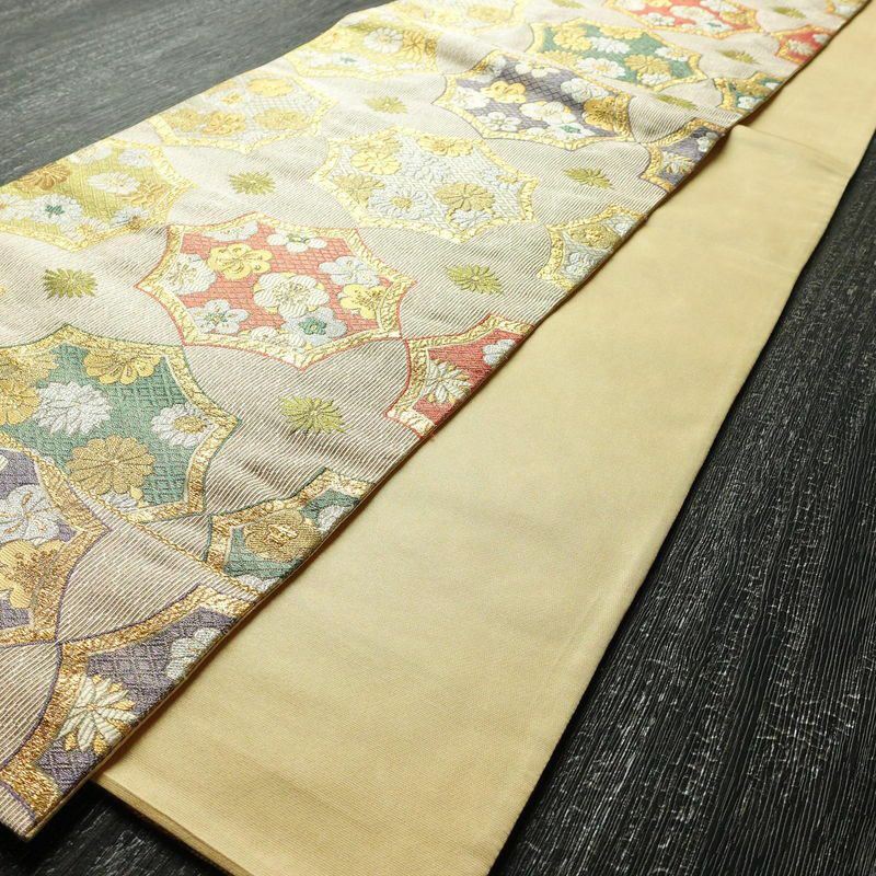 袋帯 六通柄 フォーマル用 正絹 古典柄 箔 金糸 梅 菊 帯 ピンク_画像8
