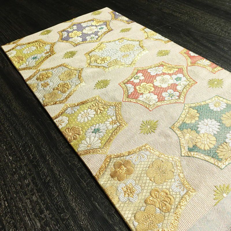 袋帯 六通柄 フォーマル用 正絹 古典柄 箔 金糸 梅 菊 帯 ピンク_画像18