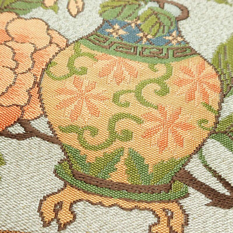 名古屋帯 太鼓柄 美品 正絹 花柄 名古屋仕立て 金通し 帯 クリーム_画像3