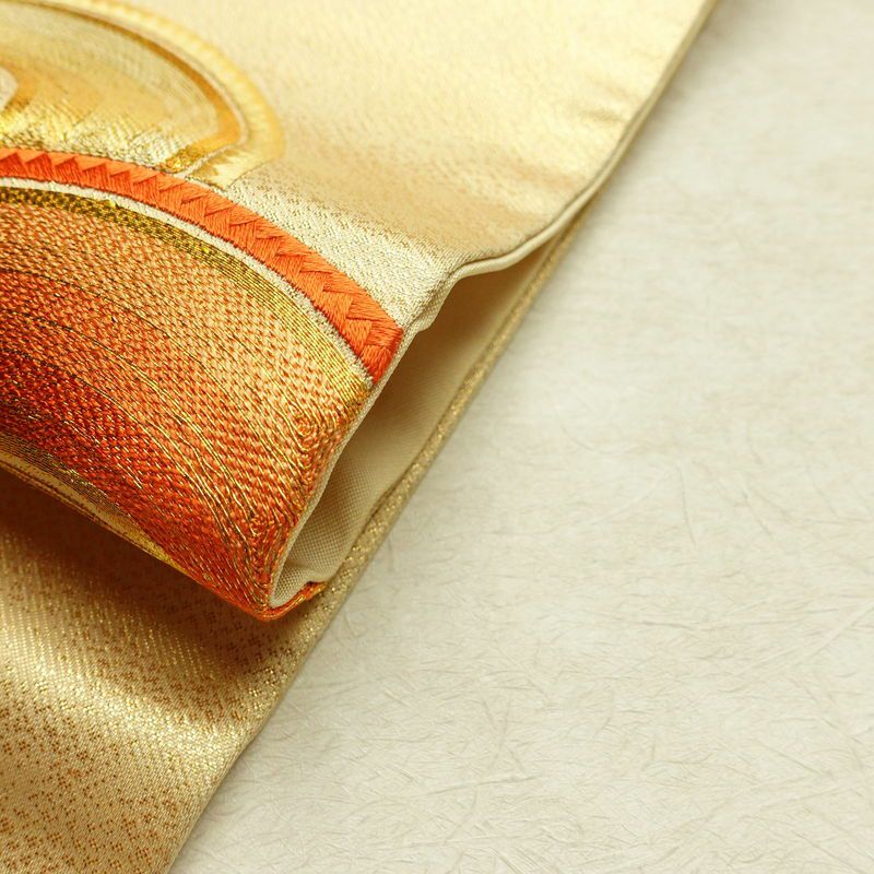 名古屋帯 太鼓柄 金駒刺繍 正絹 流水・波柄 名古屋仕立て 箔 刺繍 帯 ベージュ_画像19
