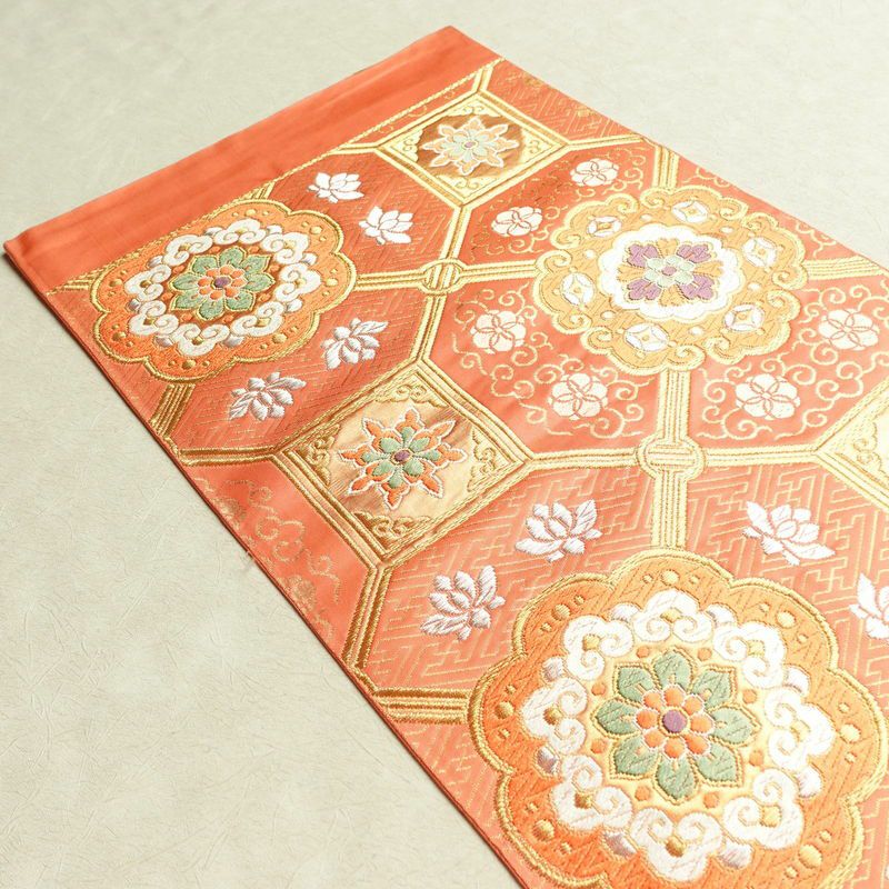 袋帯 未仕立て品 六通柄 西陣織 証紙あり フォーマル用 正絹 幾何学柄・抽象柄 金糸 帯 ピンク_画像18