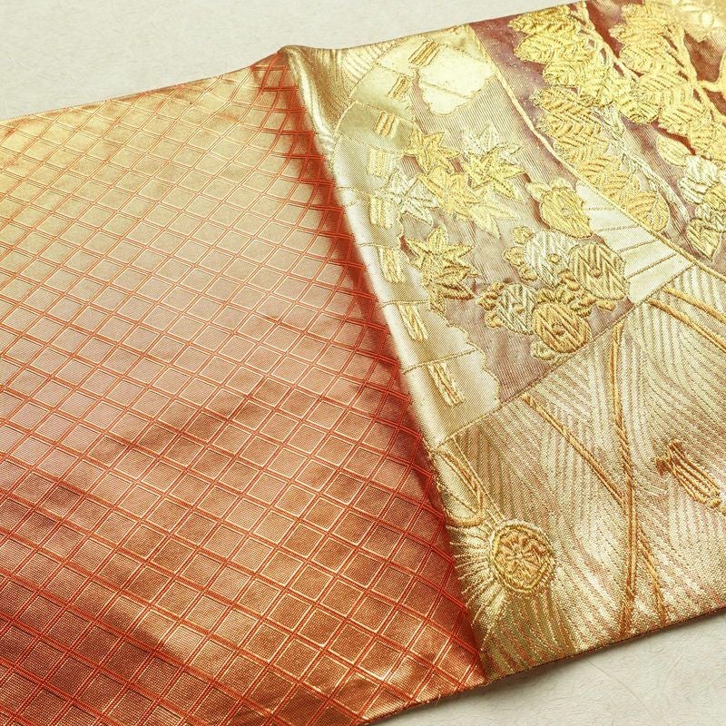 袋帯 六通柄 フォーマル用 正絹 古典柄 箔 扇面 金糸 帯 茶_画像16