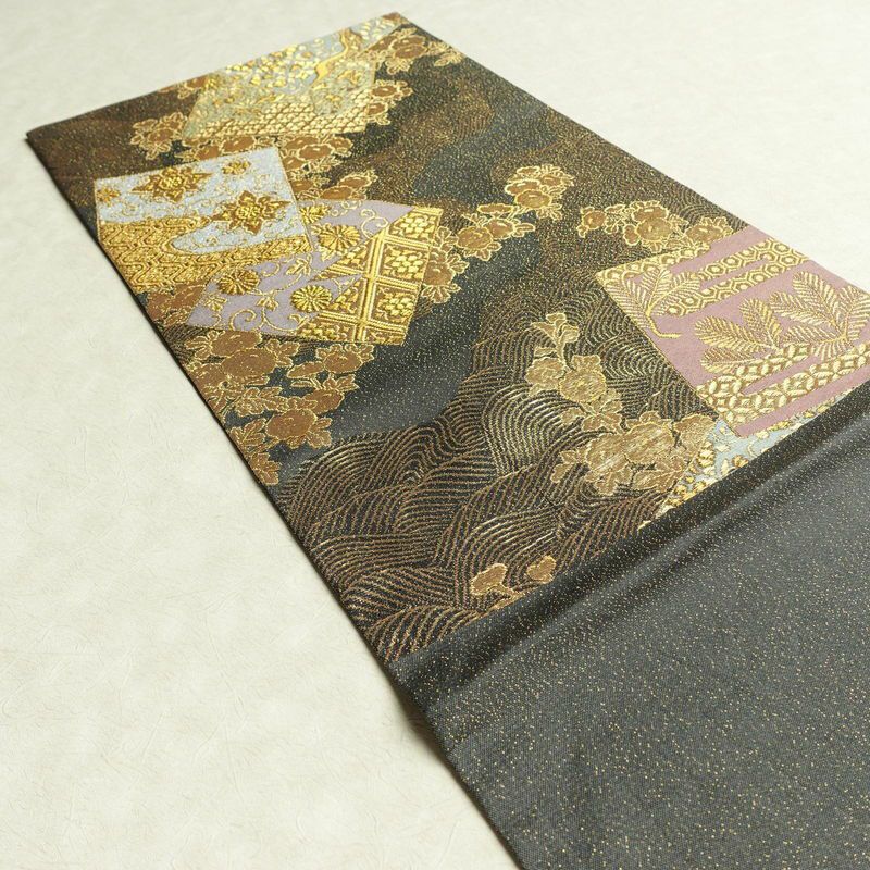 袋帯 六通柄 良品 フォーマル用 正絹 古典柄 箔 金通し 金糸 帯 グレー_画像18