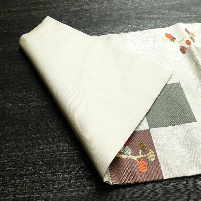 名古屋帯 六通柄 正絹 木の葉・植物柄 名古屋仕立て 箔 帯 白_画像8