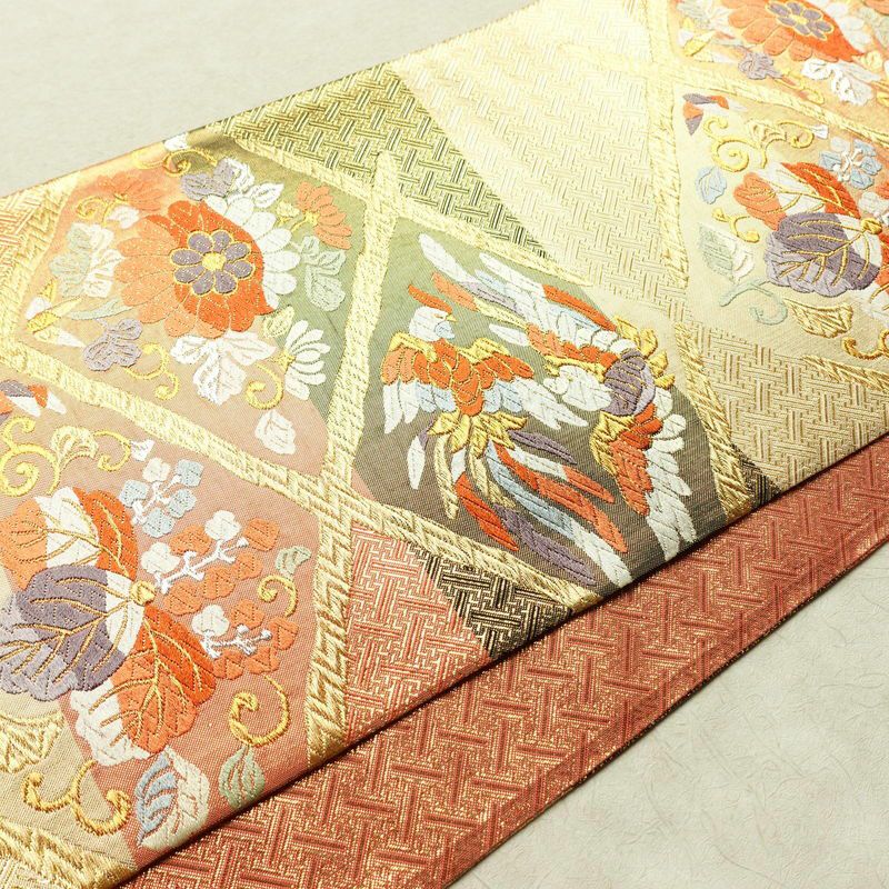 袋帯 六通柄 フォーマル用 正絹 幾何学柄・抽象柄 箔 金糸 銀糸 帯 橙_画像11