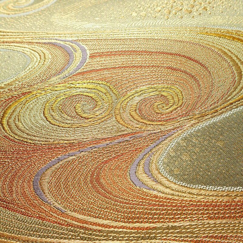 袋帯 観世流水文 六通柄 美品 フォーマル用 正絹 流水・波柄 箔 金通し 金糸 帯 緑・うぐいす色_画像3