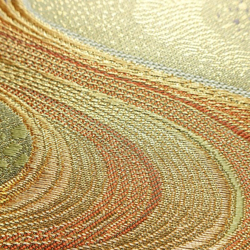 袋帯 観世流水文 六通柄 美品 フォーマル用 正絹 流水・波柄 箔 金通し 金糸 帯 緑・うぐいす色_画像4