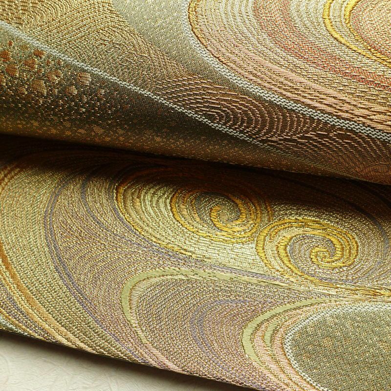 袋帯 観世流水文 六通柄 美品 フォーマル用 正絹 流水・波柄 箔 金通し 金糸 帯 緑・うぐいす色_画像7