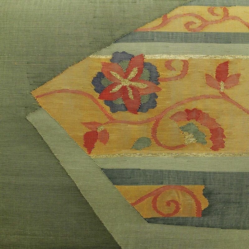 袋帯 太鼓柄 一般用 正絹 花柄 金糸 緑・うぐいす色_画像2