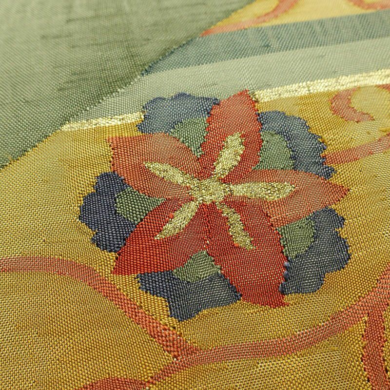 袋帯 太鼓柄 一般用 正絹 花柄 金糸 緑・うぐいす色_画像3