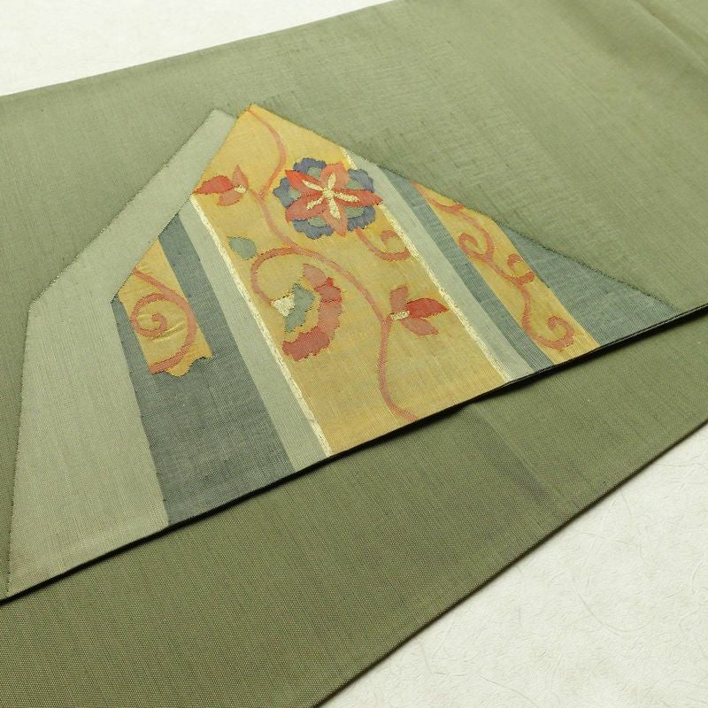袋帯 太鼓柄 一般用 正絹 花柄 金糸 緑・うぐいす色_画像11