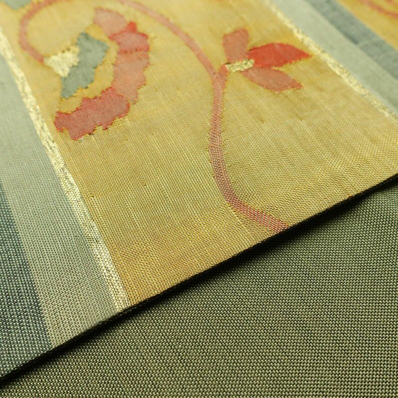 袋帯 太鼓柄 一般用 正絹 花柄 金糸 緑・うぐいす色_画像12