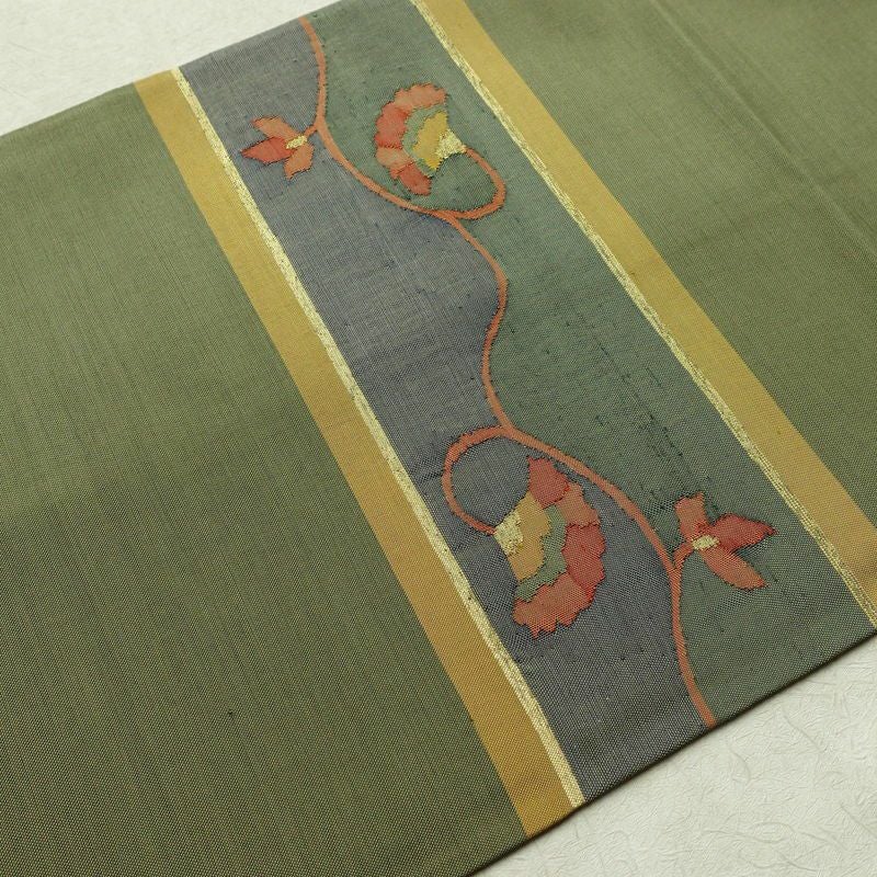 袋帯 太鼓柄 一般用 正絹 花柄 金糸 緑・うぐいす色_画像16