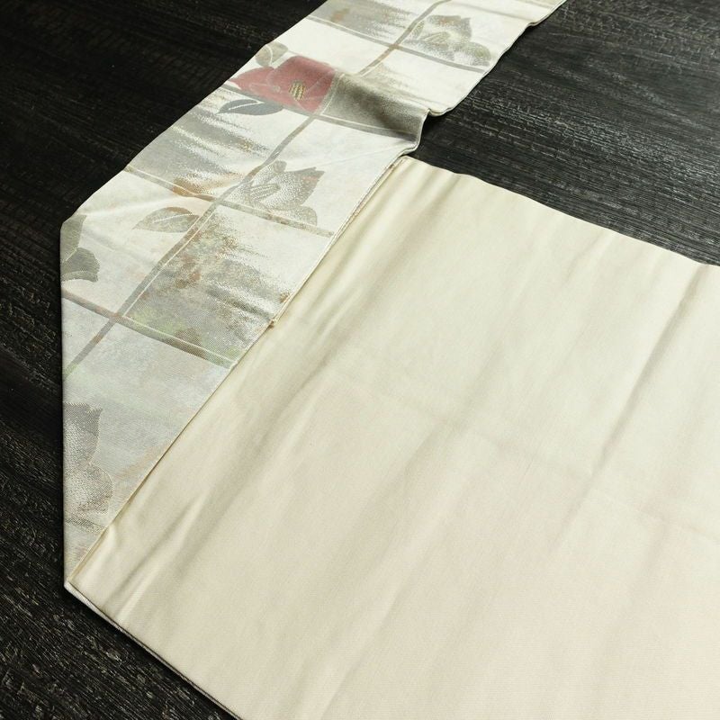 名古屋帯 六通柄 良品 正絹 花柄 名古屋仕立て 箔 金糸 椿 帯 金・銀_画像19